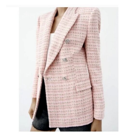 ZARA Double Breasted Textured Weave Blazer in Barbie Pink Size Large - Picture 1 of 7